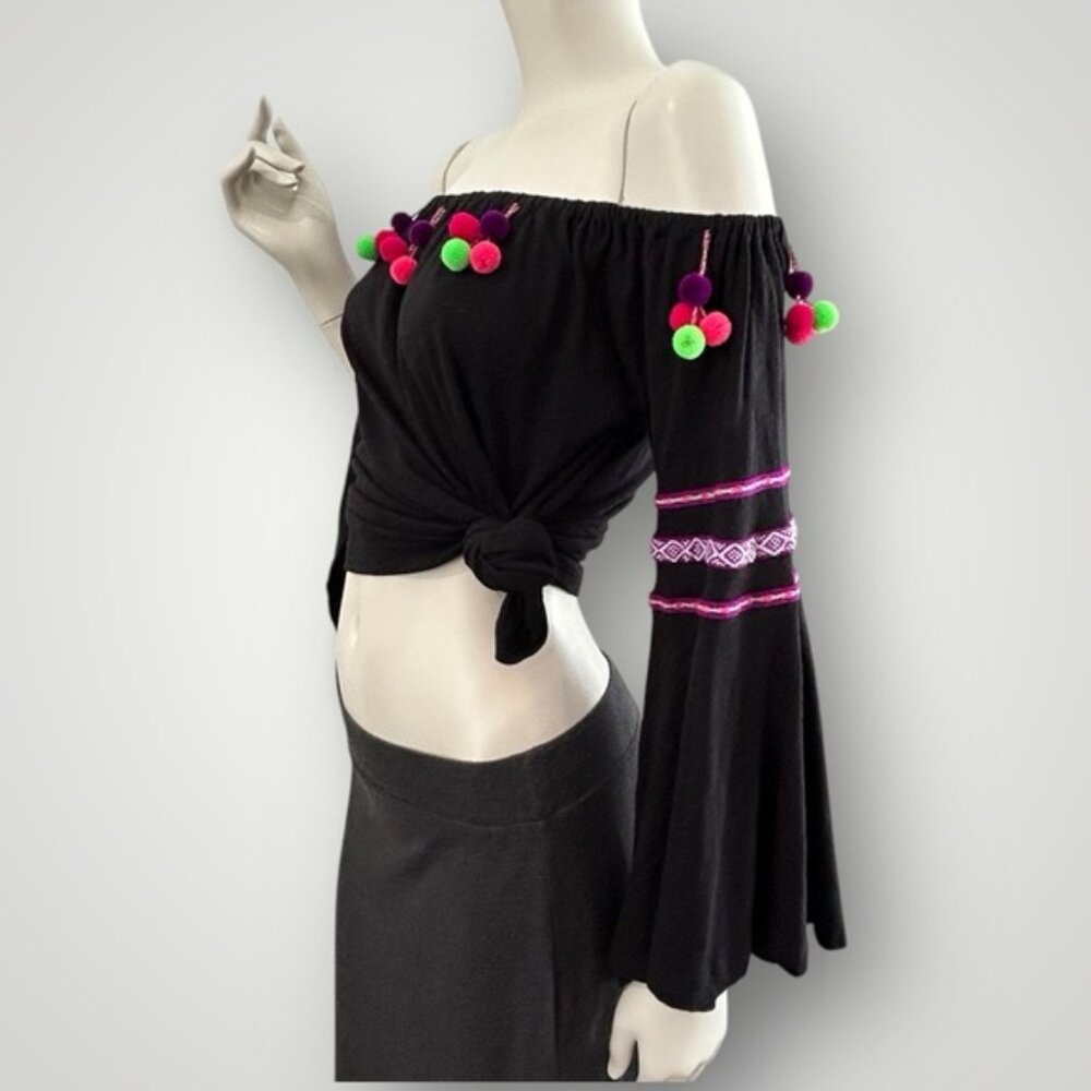 Pitusa Stretch Cotton OTS Peasant Blouse with Dingle Balls